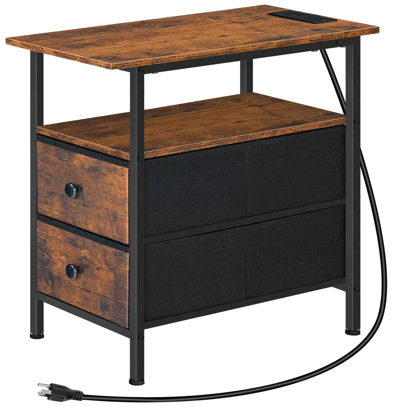 Mesa auxiliar con estación de carga, Mesa auxiliar estrecha, Mesita de noche con 2 Cajones no tejidos, Mesa auxiliar de sofá delgada para espacios pequeños, Sala de estar y dormitorio, Marrón rústico & Negro