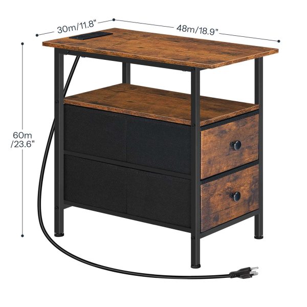 Päätepöytä latausasemalla, Kapea sivupöytä, Yöpsät 2 Kuitukangaslaatikot, Ohut sohvapöytä pieniin tiloihin, Olohuone ja makuuhuone, Maalaismainen ruskea & Musta