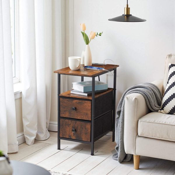 Päätepöytä latausasemalla, Kapea sivupöytä, Yöpsät 2 Kuitukangaslaatikot, Ohut sohvapöytä pieniin tiloihin, Olohuone ja makuuhuone, Maalaismainen ruskea & Musta