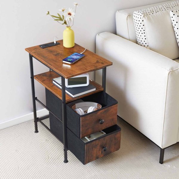 Päätepöytä latausasemalla, Kapea sivupöytä, Yöpsät 2 Kuitukangaslaatikot, Ohut sohvapöytä pieniin tiloihin, Olohuone ja makuuhuone, Maalaismainen ruskea & Musta