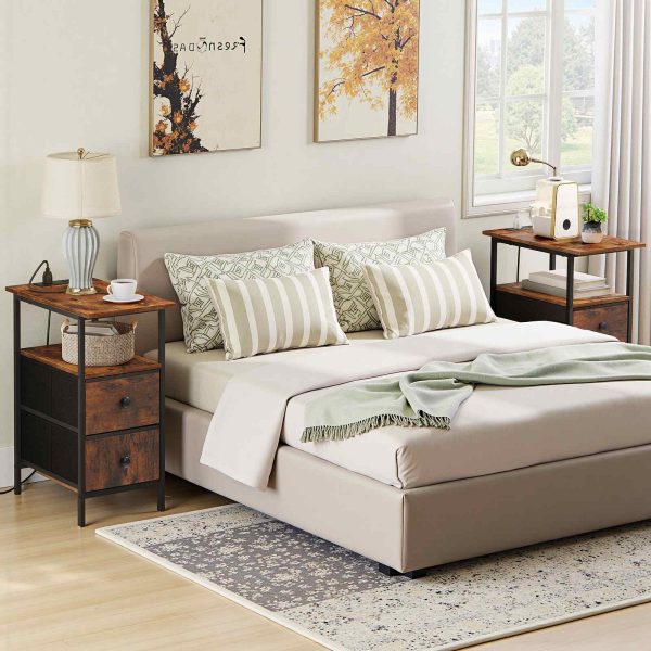 Päätepöytä latausasemalla, Kapea sivupöytä, Yöpsät 2 Kuitukangaslaatikot, Ohut sohvapöytä pieniin tiloihin, Olohuone ja makuuhuone, Maalaismainen ruskea & Musta