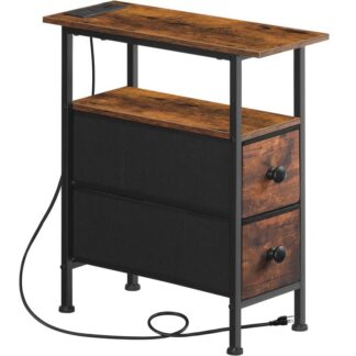 End Table with Charging Station, Narrow Side Table with 2 Fabric Drawers, Skinny Nightstand with Storage, Slim Bedside Table for Living Room, Small Spaces, Rustic Brown and Black