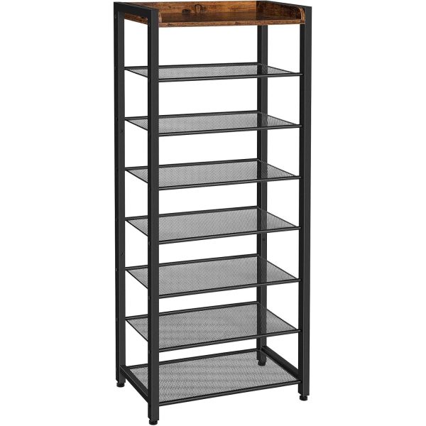 8-منظم تخزين رف الأحذية من الطبقة, تخزين الأحذية الضيقة باللون البني الريفي مع 7 رفوف معدنية, توفير المساحة, تصميم مستقر وقوي, يحمل 14-21 أزواج من الأحذية, مناسبة للمدخل, المدخل, غرفة الجلوس