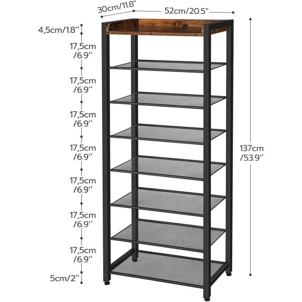 8-منظم تخزين رف الأحذية من الطبقة, تخزين الأحذية الضيقة باللون البني الريفي مع 7 رفوف معدنية, توفير المساحة, تصميم مستقر وقوي, يحمل 14-21 أزواج من الأحذية, مناسبة للمدخل, المدخل, غرفة الجلوس