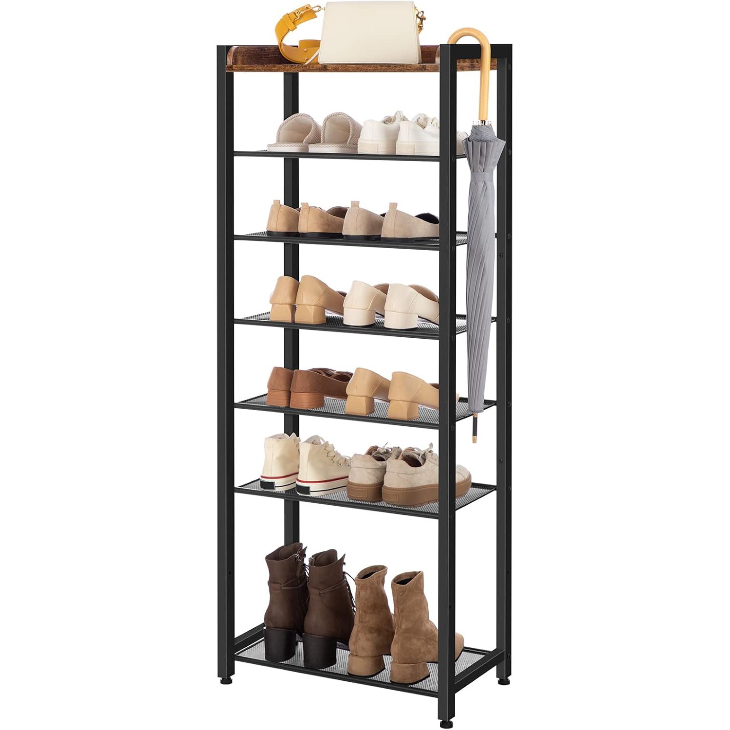 8-منظم تخزين رف الأحذية من الطبقة, تخزين الأحذية الضيقة باللون البني الريفي مع 7 رفوف معدنية, توفير المساحة, تصميم مستقر وقوي, يحمل 14-21 أزواج من الأحذية, مناسبة للمدخل, المدخل, غرفة الجلوس