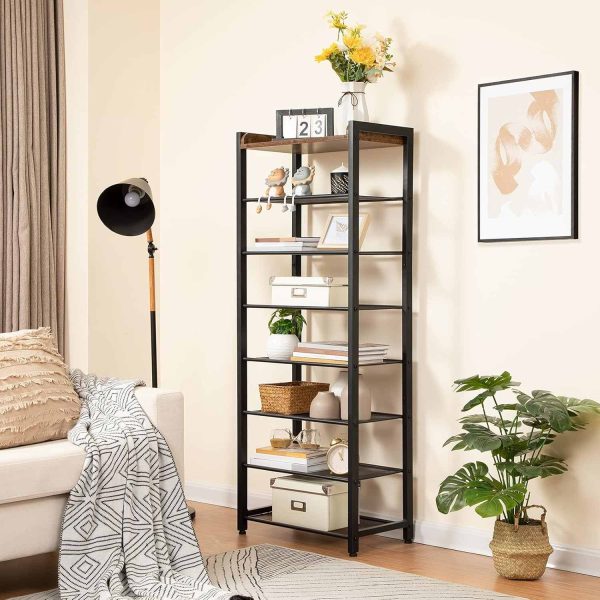 8-منظم تخزين رف الأحذية من الطبقة, تخزين الأحذية الضيقة باللون البني الريفي مع 7 رفوف معدنية, توفير المساحة, تصميم مستقر وقوي, يحمل 14-21 أزواج من الأحذية, مناسبة للمدخل, المدخل, غرفة الجلوس