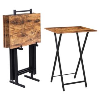 folding tv tray tables, set of 4 tv trays with storage rack, industrial side table for eating at couch, foldable snack table for small space, easy assembly, rustic brown and black