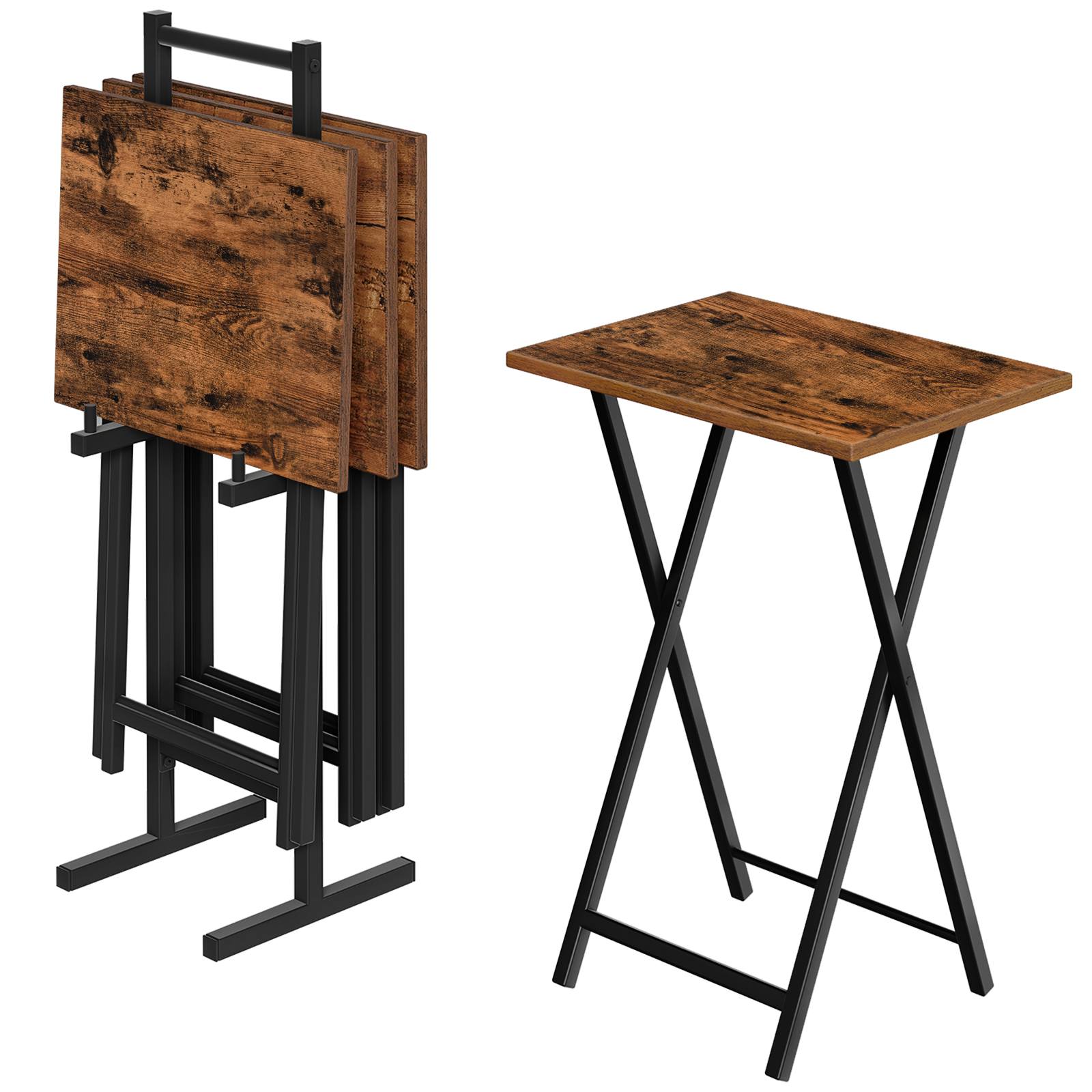 Skládací TV stolky (Sada 4) s úložným stojanem, Odkládací stolky v průmyslovém stylu, Skládací stolky na občerstvení pro malé prostory, Snadná montáž, Rustikální hnědá & Černý