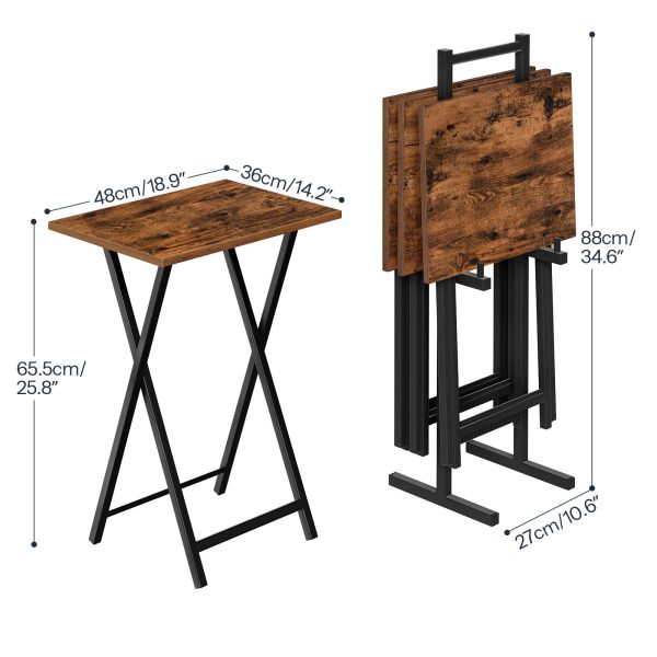 Skládací TV stolky (Sada 4) s úložným stojanem, Odkládací stolky v průmyslovém stylu, Skládací stolky na občerstvení pro malé prostory, Snadná montáž, Rustikální hnědá & Černý