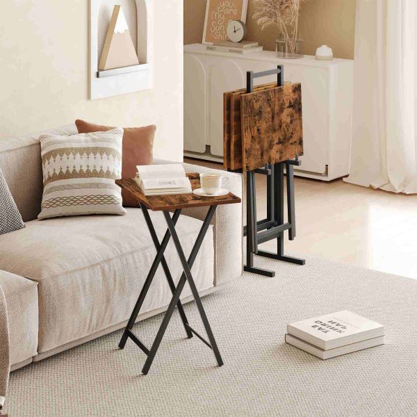 Skládací TV stolky (Sada 4) s úložným stojanem, Odkládací stolky v průmyslovém stylu, Skládací stolky na občerstvení pro malé prostory, Snadná montáž, Rustikální hnědá & Černý