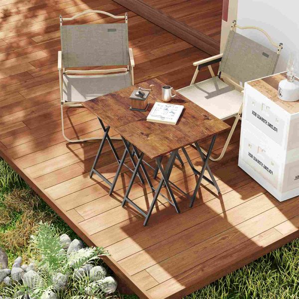 Skládací TV stolky (Sada 4) s úložným stojanem, Odkládací stolky v průmyslovém stylu, Skládací stolky na občerstvení pro malé prostory, Snadná montáž, Rustikální hnědá & Černý