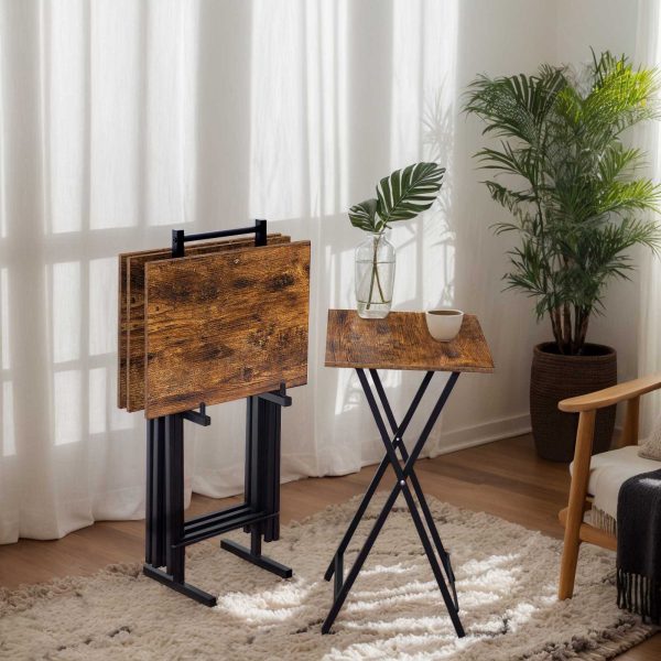 Skládací TV stolky (Sada 4) s úložným stojanem, Odkládací stolky v průmyslovém stylu, Skládací stolky na občerstvení pro malé prostory, Snadná montáž, Rustikální hnědá & Černý