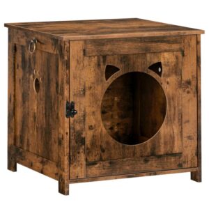 industrial litter box enclosure, rustic brown wooden side end table, cat litter box furniture hidden with entrance, concealed cat washroom with cat head opening, indoor pet house, fit most cats and litter box