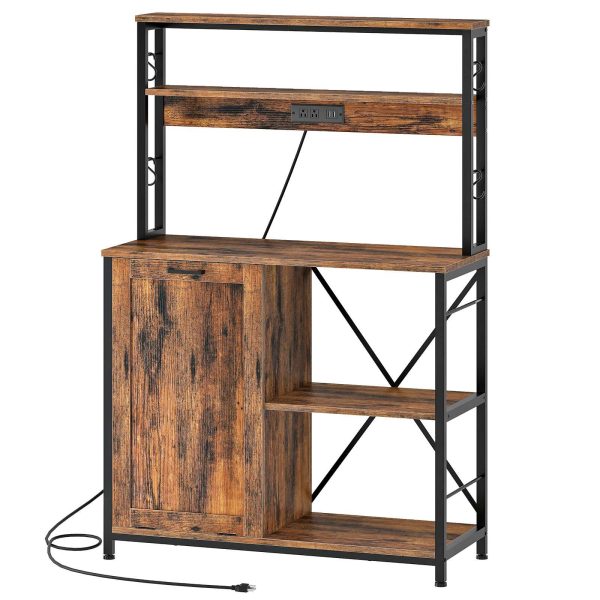 Bakers Rack with Power Outlet, Microwave Stand with Trash Can Bin Cabinet, 5-Tier Kitchen Storage Shelf Cabinet, Tall Coffee Bar Table Station for Dining Room, Rustic Brown and Black