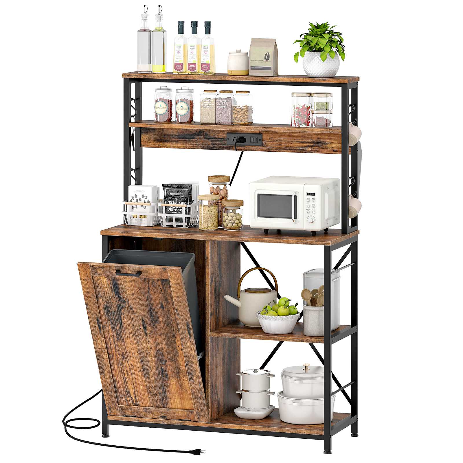 Bakers Rack with Power Outlet, Microwave Stand with Trash Can Bin Cabinet, 5-Tier Kitchen Storage Shelf Cabinet, Tall Coffee Bar Table Station for Dining Room, Rustic Brown and Black