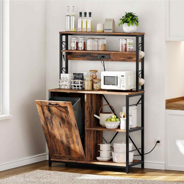 Bakers Rack with Power Outlet, Microwave Stand with Trash Can Bin Cabinet, 5-Tier Kitchen Storage Shelf Cabinet, Tall Coffee Bar Table Station for Dining Room, Rustic Brown and Black