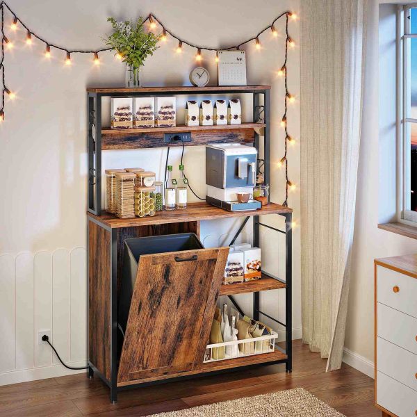 Bakers Rack with Power Outlet, Microwave Stand with Trash Can Bin Cabinet, 5-Tier Kitchen Storage Shelf Cabinet, Tall Coffee Bar Table Station for Dining Room, Rustic Brown and Black