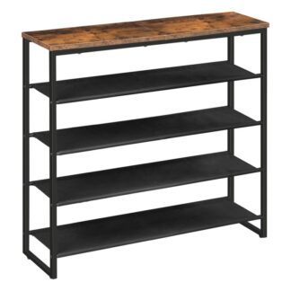 Schuhregal, 5 Tier -Schuhspeicherorganisator, Schuhregal mit 4 Stoffregale und oberes Feld, hält 16-20 ein Paar Schuhe, Für den Eingang, Kleiderschrank, Stahlrahmen, industriell, rustikales Braun