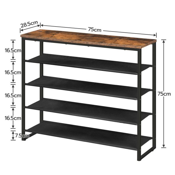 5-رف الأحذية الطبقة, منظم تخزين الأحذية على الرف القماشي مع لوحة علوية, القدرة على 16-20 أزواج من الأحذية, إطار فولاذي على الطراز الصناعي, مناسبة للمدخل, خزانة, ريفي براون