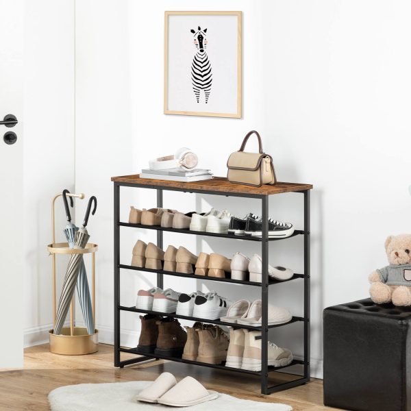 5-رف الأحذية الطبقة, منظم تخزين الأحذية على الرف القماشي مع لوحة علوية, القدرة على 16-20 أزواج من الأحذية, إطار فولاذي على الطراز الصناعي, مناسبة للمدخل, خزانة, ريفي براون