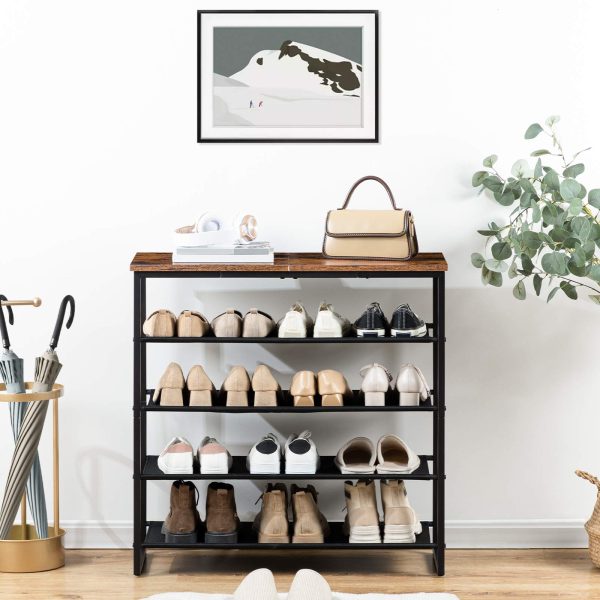 5-رف الأحذية الطبقة, منظم تخزين الأحذية على الرف القماشي مع لوحة علوية, القدرة على 16-20 أزواج من الأحذية, إطار فولاذي على الطراز الصناعي, مناسبة للمدخل, خزانة, ريفي براون