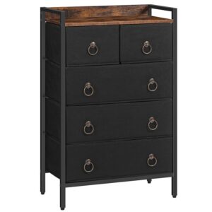 5 drawer dresser, dresser for bedroom, chest of drawers, sturdy steel frame, wood top, with handles, large capacity, for bedroom, living room, cloakroom