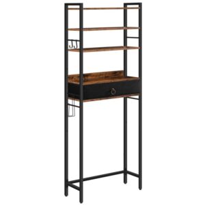 Over The Toilet Storage, 5 Tier Bathroom Organizer with Storage Drawer, Freestanding Bathroom Spacesaver with Laundry Hooks, Toilet Paper Holder, Stable and Sturdy, Rustic Brown
