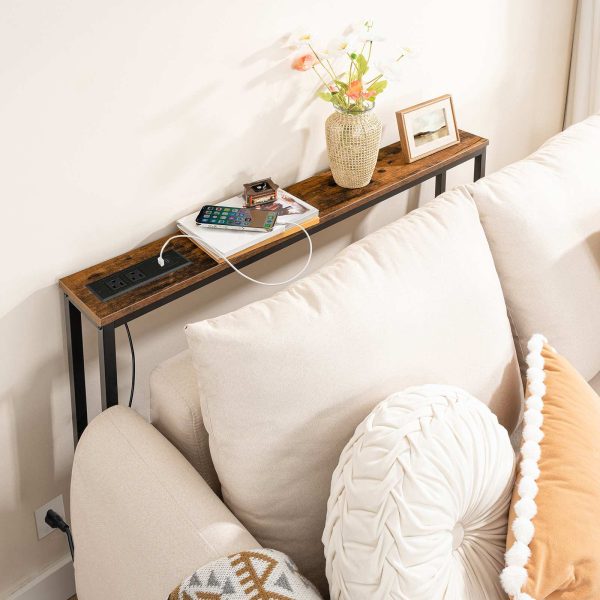 Суперузкий консольный столик с розеткой, Столик за диваном с зарядной станцией, Деревенский коричневый тонкий стол для прихожей для гостиной