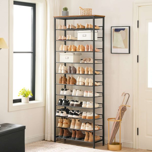 12-رف أحذية ذو سعة كبيرة للخزانة, يستوعب 35-45 أزواج من الأحذية, رف أحذية قائم مع أرفف شبكية مائلة قابلة للتعديل, مناسبة للمدخل, خزانة, المدخل, ريفي براون & أسود