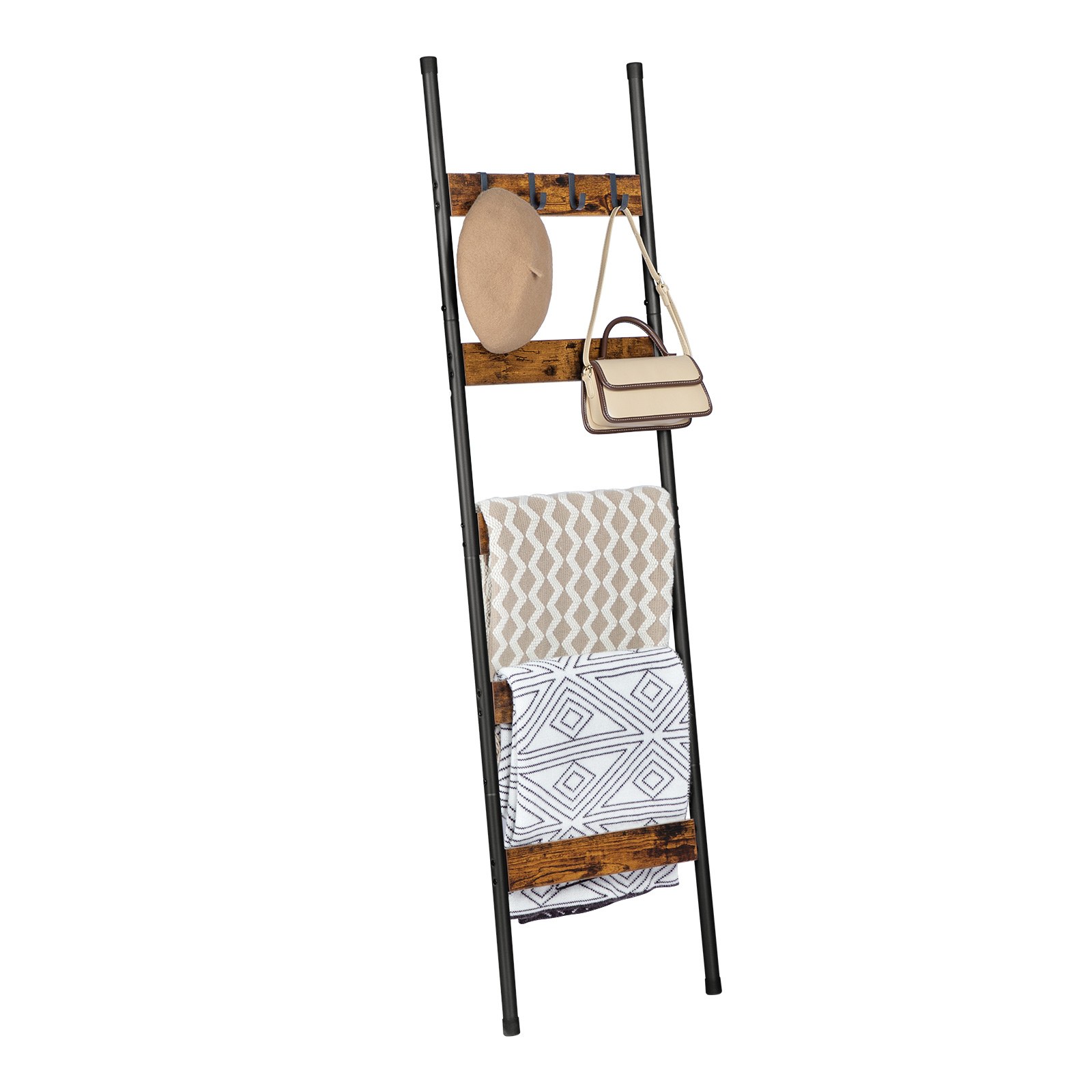 5-Tier Industrial Blanket Ladder with Hooks, Stojan na uterák, Decorative Display Shelf for Scarves, Blankets and Towels, Rustikálna hnedá & Čierna, Vhodné do obývačky a spálne