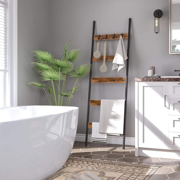 5-Ярусная промышленная лестница для одеял с крючками, Стеновая стойка для полотенца, Декоративная полка для шарфов, Одеяла и полотенца, Рустик Браун & Черный, Подходит для гостиной и спальни