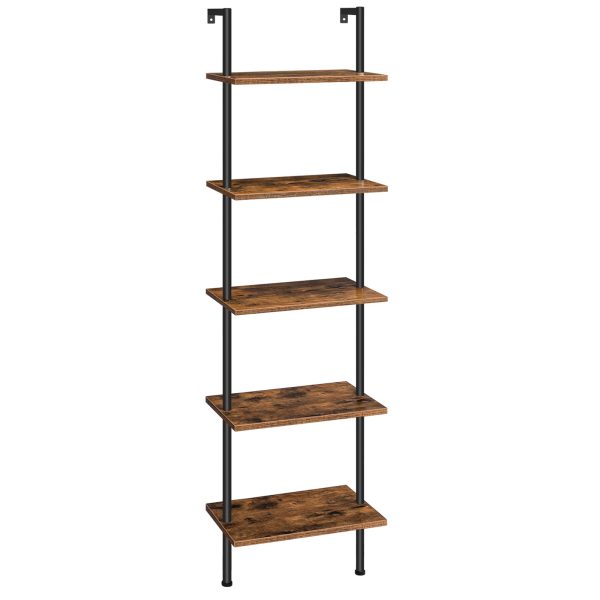 DIY 5-Tier Ladder Shelf, Wall-Mounted Wooden Narrow Bookcase, Multi-Functional Display Storage Rack & Plant Stand, Suitable for Living Room, Bedroom, Study & Balcony, Rustic Brown & Black