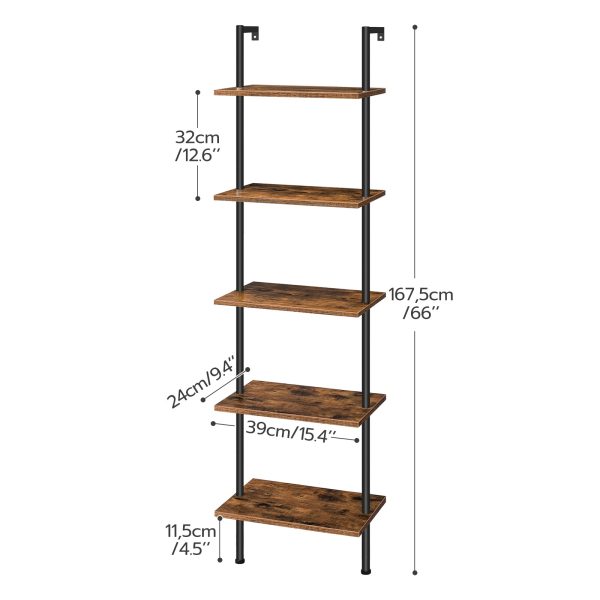 DIY 5-Tier Ladder Shelf, Wall-Mounted Wooden Narrow Bookcase, Multi-Functional Display Storage Rack & Plant Stand, Suitable for Living Room, Bedroom, Study & Balcony, Rustic Brown & Black