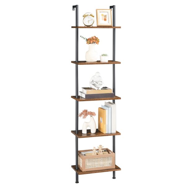 DIY 5-Tier Ladder Shelf, Wall-Mounted Wooden Narrow Bookcase, Multi-Functional Display Storage Rack & Plant Stand, Suitable for Living Room, Bedroom, Study & Balcony, Rustic Brown & Black