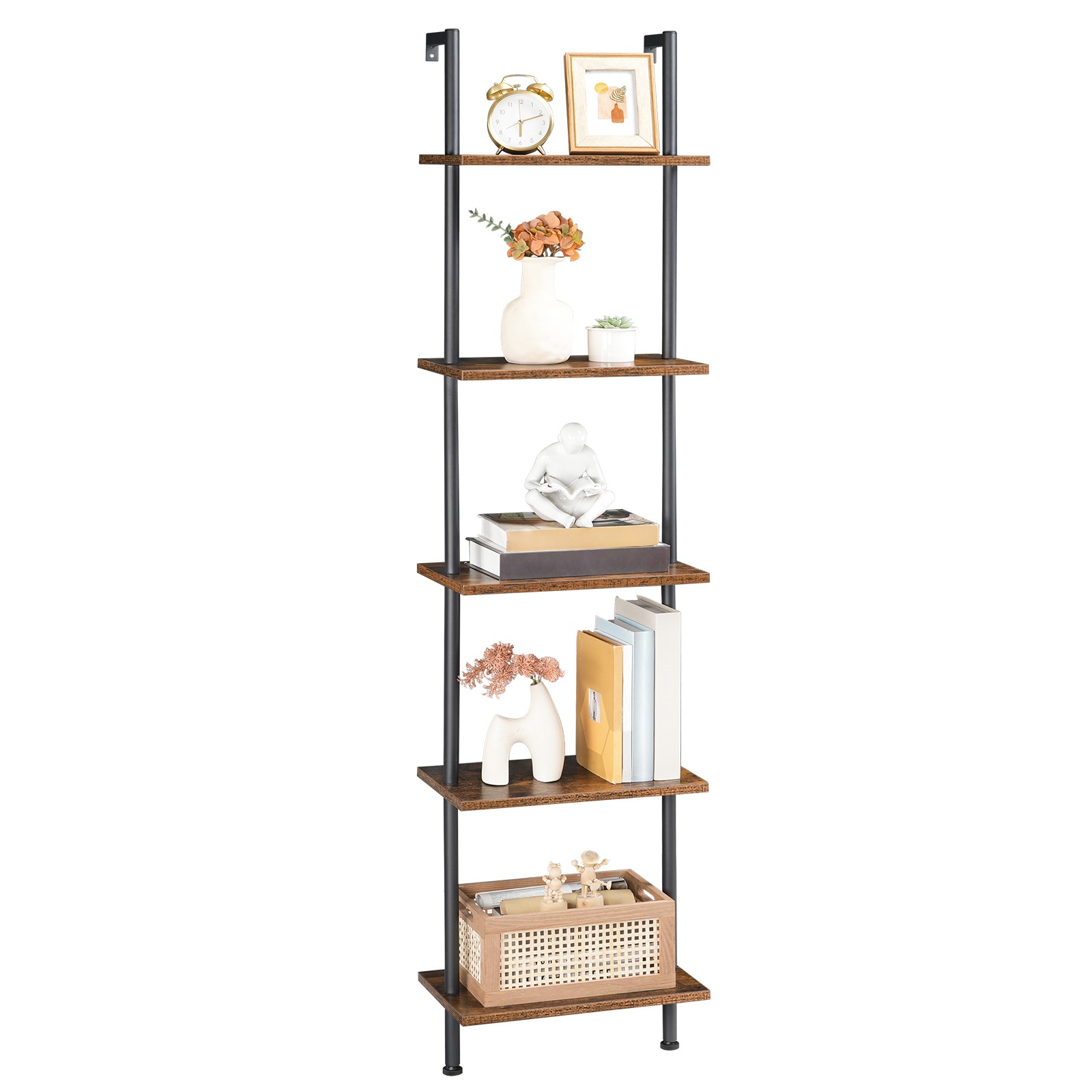 DIY 5-Tier Ladder Shelf, Wall-Mounted Wooden Narrow Bookcase, Multi-Functional Display Storage Rack & Plant Stand, Suitable for Living Room, Bedroom, Study & Balcony, Rustic Brown & Black