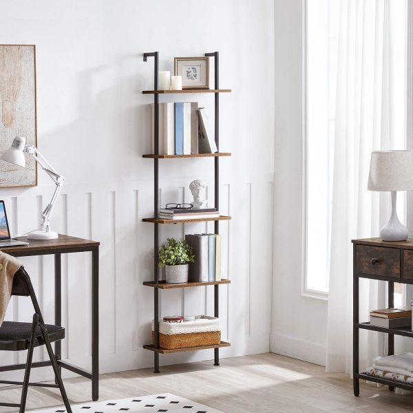DIY 5-Tier Ladder Shelf, Wall-Mounted Wooden Narrow Bookcase, Multi-Functional Display Storage Rack & Plant Stand, Suitable for Living Room, Bedroom, Study & Balcony, Rustic Brown & Black