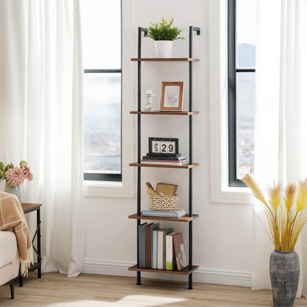 DIY 5-Tier Ladder Shelf, Wall-Mounted Wooden Narrow Bookcase, Multi-Functional Display Storage Rack & Plant Stand, Suitable for Living Room, Bedroom, Study & Balcony, Rustic Brown & Black