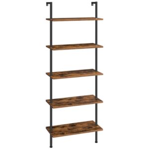 DIY Ladder Rack Bookcase, 5-Tier Wall Mounted Ladder Bookshelf, Office Vertical Bookcase, Wooden Storage Shelf for Home Office, Bedroom, Living Room, Rustic Brown and Black