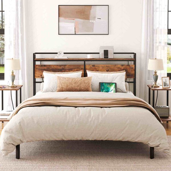 Queen Size Headboard with Integrated Charging Station, Adjustable Height Storage Headboard, Sturdy Metal & Particleboard Construction, Enkel montering, Rustikk brun & Svart
