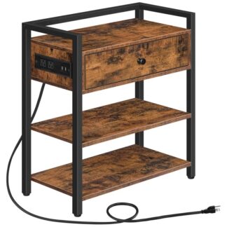 Узкий столик с зарядной станцией, Тумбочка с USB-портами & Розетки, Приставной столик с полками для хранения и ящиком для небольших помещений, Приемная, Спальня, Рустик Браун