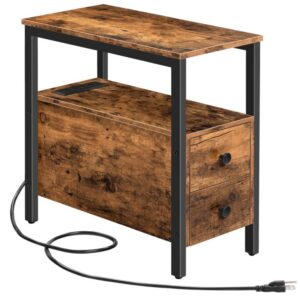 end table with charging station, narrow side table with 2 drawer & usb ports & power outlets, nightstand for small spaces, for living room, bedroom, rustic brown and black