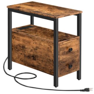 table d'appoint avec station de recharge, Table d'appoint étroite avec 2 tiroir & ports USB & prises de courant, Tablette de nuit pour les petits espaces, pour le salon, chambre à coucher, brun rustique et noir