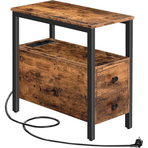 Beistelltisch mit Ladestation, Dunkelbrauner Sofa-/Nachttisch mit 2 Schubladen, USB-Anschlüsse und -Buchsen, Raumsparende, Stabil & Langlebig für das Wohnzimmer & Schlafzimmer