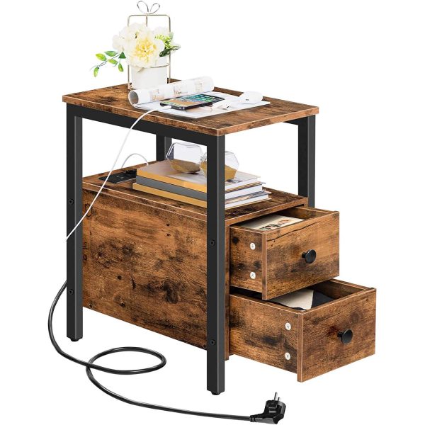 Beistelltisch mit Ladestation, Dunkelbrauner Sofa-/Nachttisch mit 2 Schubladen, USB-Anschlüsse und -Buchsen, Raumsparende, Stabil & Langlebig für das Wohnzimmer & Schlafzimmer