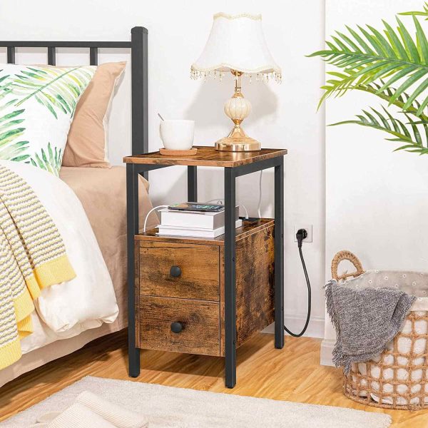 Beistelltisch mit Ladestation, Dunkelbrauner Sofa-/Nachttisch mit 2 Schubladen, USB-Anschlüsse und -Buchsen, Raumsparende, Stabil & Langlebig für das Wohnzimmer & Schlafzimmer