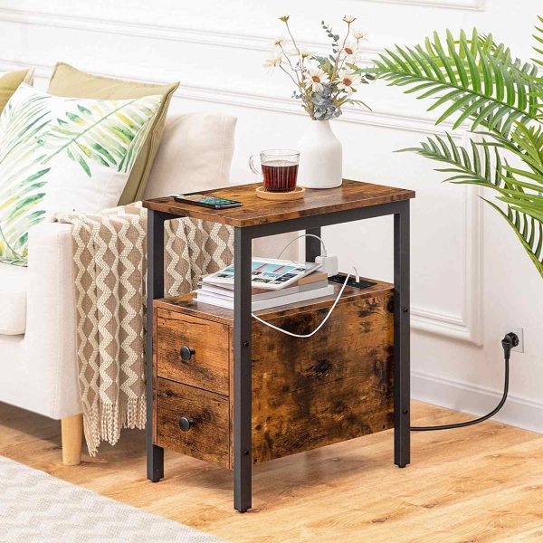 Beistelltisch mit Ladestation, Dunkelbrauner Sofa-/Nachttisch mit 2 Schubladen, USB-Anschlüsse und -Buchsen, Raumsparende, Stabil & Langlebig für das Wohnzimmer & Schlafzimmer