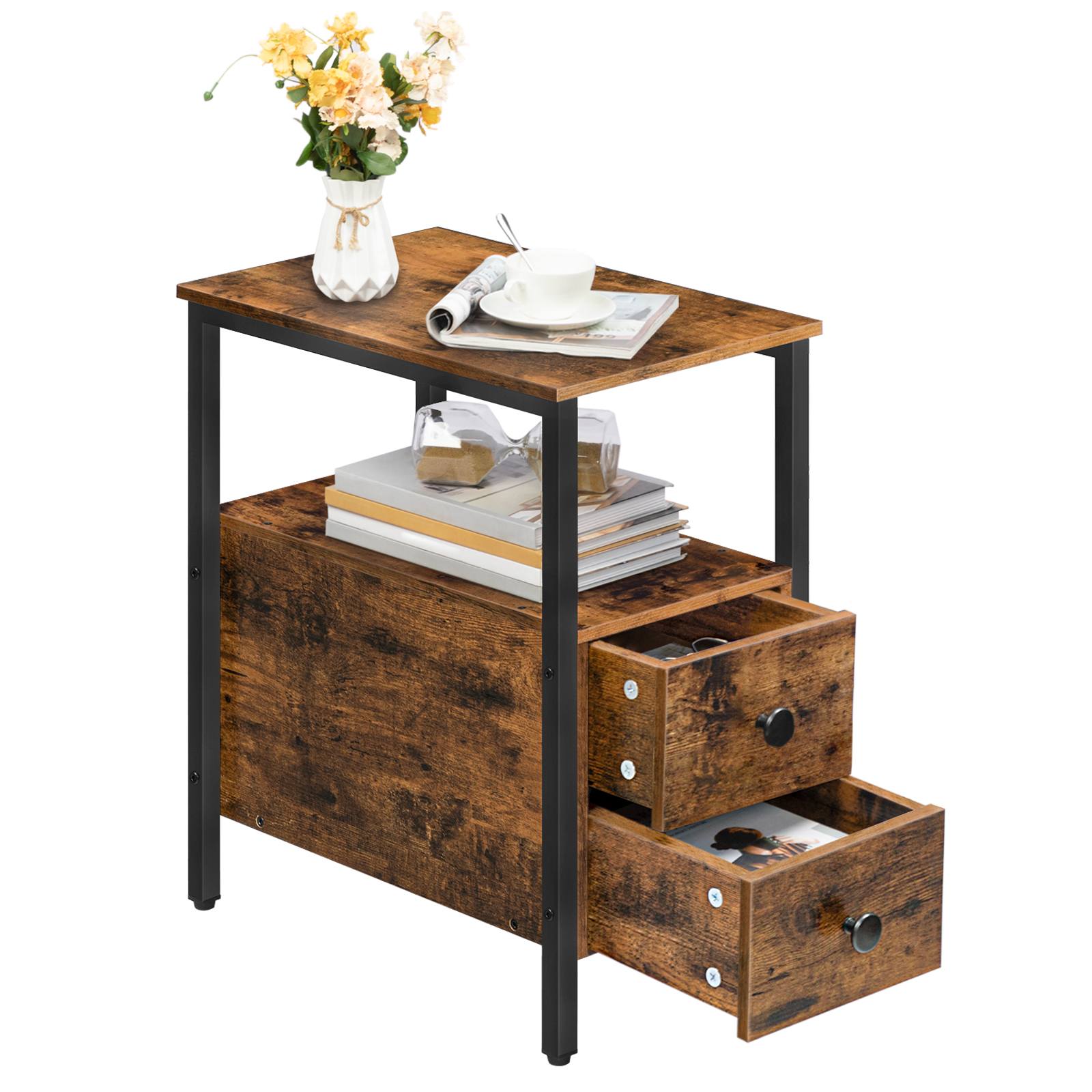 Narrow Bedside Table with Drawer and Open Storage Shelf, Rustic Brown & Black Space-Saving Nightstand, Stable Sturdy Construction, Wood-Look Accent Furniture