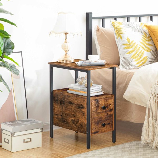 Narrow Bedside Table with Drawer and Open Storage Shelf, Rustic Brown & Black Space-Saving Nightstand, Stable Sturdy Construction, Wood-Look Accent Furniture