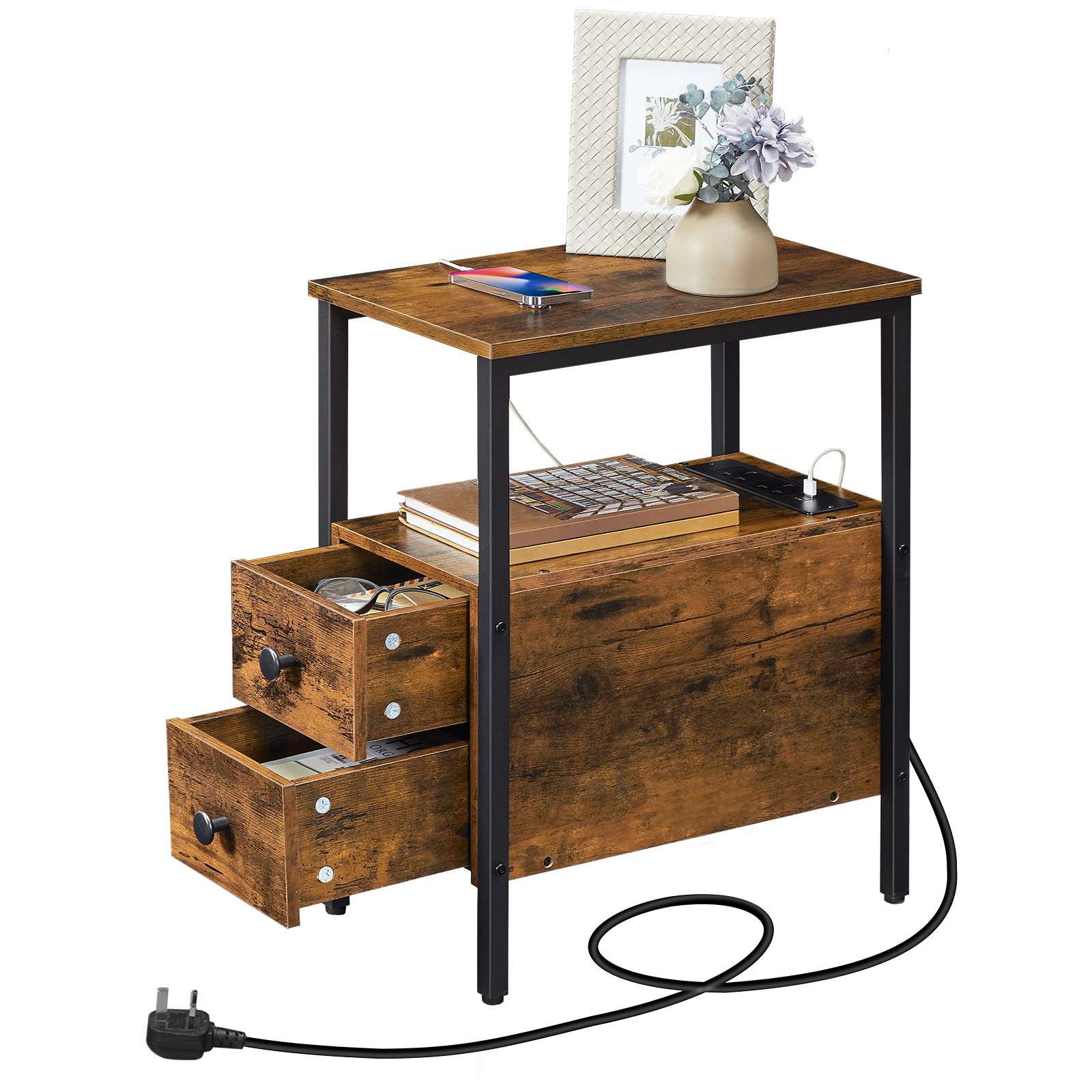 table d'appoint, table d'appoint de lit étroit avec station de charge, ports USB & prises de courant, Table d'appoint mince pour les petits espaces, 2 tiroirs, Nightstand industriel, brun rustique et noir