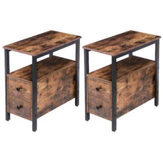 set of 2 end tables, recliner side table with 2 drawer and open shelf, narrow nightstand for small space, in living room bedroom balcony, wood look accent table, rustic brown